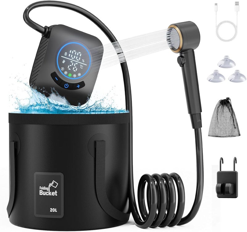 GOSCHE Portable Camping Shower, 8000mAh Rechargeable Outdoor Shower Pump with 20L Collapsible Bucket, Intelligent LED Display, IPX8 Waterproof Pump for RV, Travel, Hiking, Pet Bath, Beach - Image 1